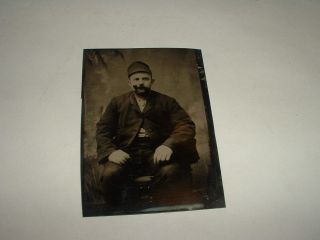 1800s Tin Type,  Rough Looking Man With Pipe And Hat.