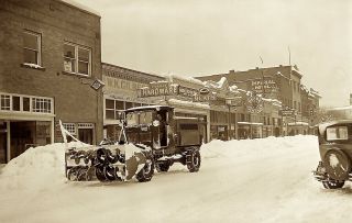 1920s Photo Negative Street Scene Neon Sign Hardware Jewelry Store Snow Truck