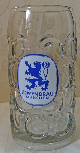 Vintage Lowenbrau Munchen 1 Liter Dimpled Glass Beer Stein Mug From Munich