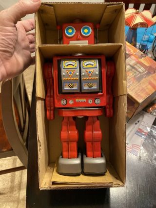 Horikawa Toy Star Strider Aiji - 01 Robot Tin Toy Battery Operated - Red W/ Box