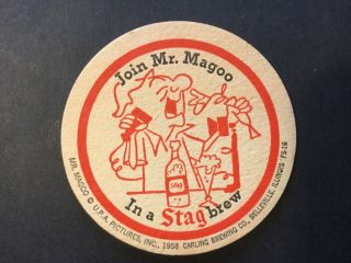 Vintage Stag Beer Coaster,  1958 Mr.  Magoo,  Belleville Il.