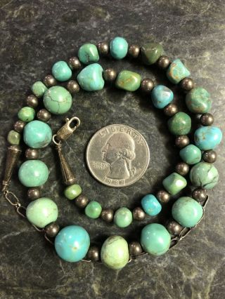 Vintage 16 - 20 " Graduated Turquoise & Sterling Silver Bead Necklace 925