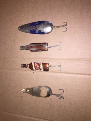 4 Beer Pabst Blue Ribbon Schultz Can Opener Beer Bottle Fishing Lures Aqua Spoon