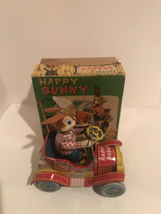 Vintage 1957 Tin Litho Happy Bunny Friction Car Made In Japan Mib - Boxed