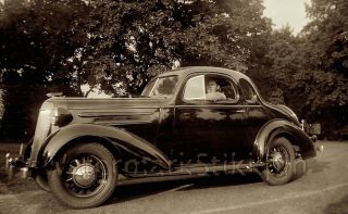 1930s Era Photo Negative Car Sport Coupe Auto Fast Standing Still Happy Driver