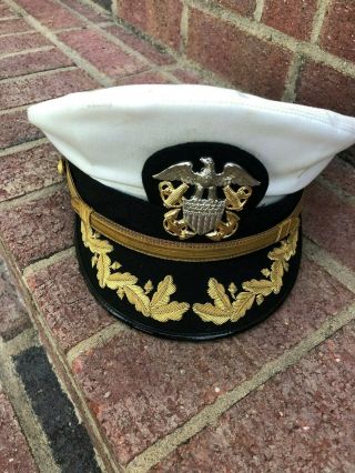 Vintage Usn Us Navy High Ranking Officer Dress Hat White