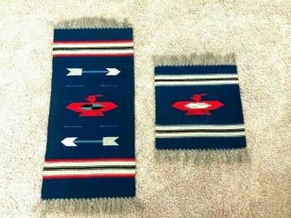 2 Vintage Southwest Native American Handwoven Fringed Wool Rug Gorgeous Colors