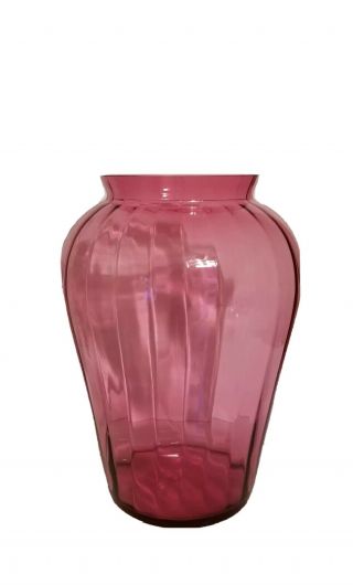 Vintage Pilgrim Glass Cranberry Vase Large Optic Mid Century Modern