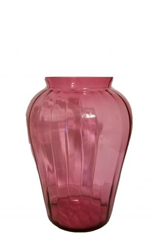 Vintage Pilgrim Glass Cranberry Vase large optic Mid century modern 3
