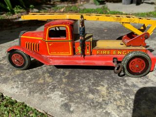 British 1950s Tin Toy Fire Engine,  By Wells,  9.  5 "
