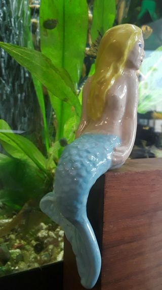 Vintage Antique Aquarium Ceramic Bisque Blond Hair Blue Tail Sitting Mermaid