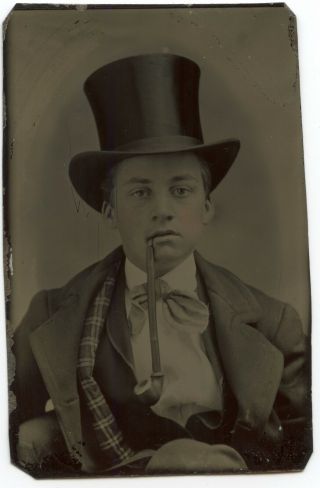 Tintype Young Man With Top Hat Smoking Long Pipe 2.  25 X 3.  5 "