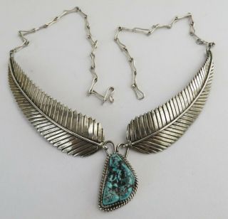 Vtg Turquoise Sterling Silver Navajo Native American Feather Collar Necklace