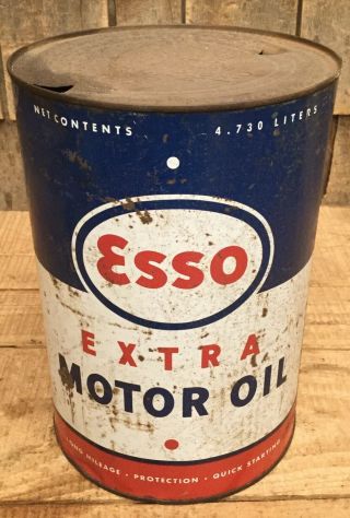 Vintage 5 Qt Esso Extra Motor Oil Tin Can Gas Service Station Auto Advertising