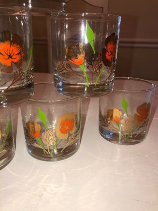 8 Vintage Couroc 3 1/2 " Old Fashioned Rocks Glasses W/ Gold Poppies Mid Century