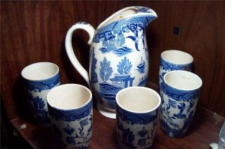 Vintage Made In Japan Blue Willow Ice Tea Set Pitcher And Five Tumblers Exc.