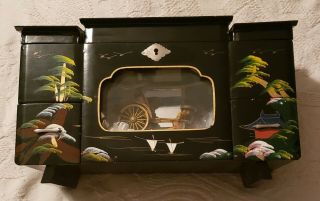 Vintage Black Lacquer Oriental Musical Jewelry Box