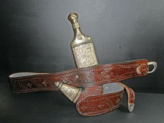 Old Yemen Jambiya Dagger And Belt,  Arab Knife Oman Islamic Khanjar