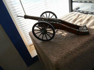 Vintage Large Cannon With Brass Barrel Mounted On Wood Carriage