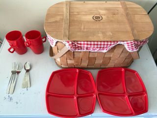 Red Gingham Vintage Wooden Picnic Basket Cadillac Logo W/ Plates Cups & Utensils