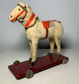 Vtg Antique German Horse On Wheels Pull Toy Paper Mache ? Felt Display Small