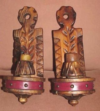 Vtg Spanish Revival Made In Spain Hand Carved Wood Gothic Candle Wall Sconces