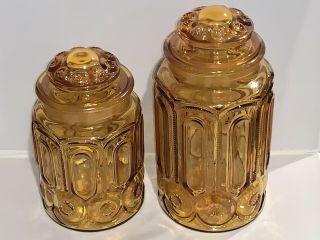 Vintage MCM LE Smith Honey Amber Glass Apothecary Canister Jar Moon/Stars 60’s 2