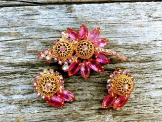 Vintage Juliana Pink Rhinestone Flower Brooch And Earrings Set Filigree Balls