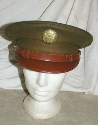 Vintage Wwii U.  S.  Army Green Wool Felt & Leather Visor Cap Size 7 - 1/8 Wimbledon