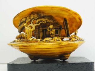 1950s Celluloid Clam Shell Water Wheel Moves Anabori Netsuke.  Dragons Japan 4 "