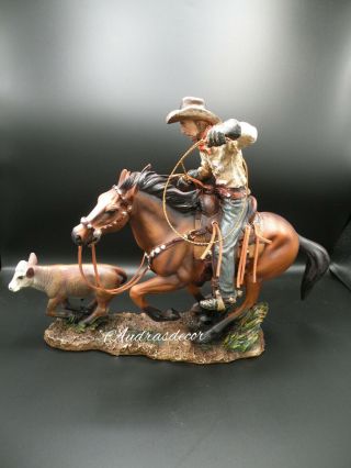 Western Cowboy On Horse Calf Roping Figure Sculpture Statue Large Hand Painted