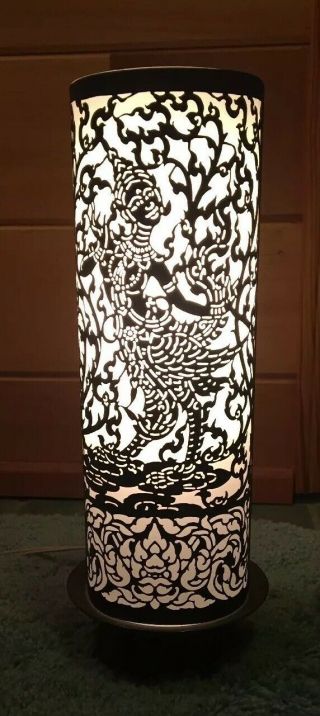 Vtg Cutout Brass Thai Dancers Cylinder Lamp Brass Base Shade Over White Glass
