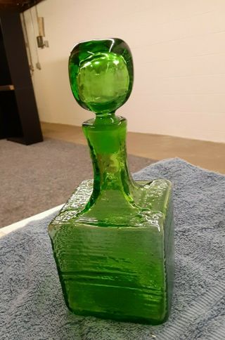 Vintage Blenko Hand Blown Crackle Glass Mcm Decanter - 6224s - Olive Green 8 " H
