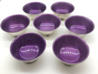 Set (7) Vintage Reed & Barton 101 Purple Enamel Silver Plate Bowls Mcm 4 - 1/2