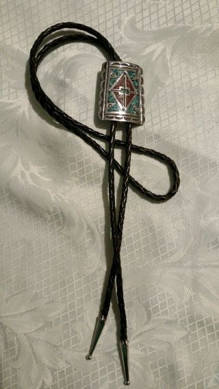 Vintage Navajo Sterling Silver Bolo Tie - Turquoise & Coral - Marked W.  C.  B.