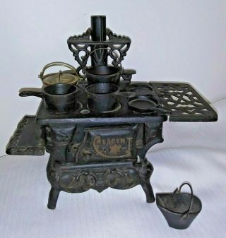 Vintage Crescent Cast Iron Toy Wood Stove Salesman Sample,  Pots & Pans -