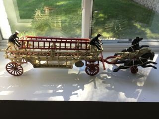 Vintage Cast Iron Horse Drawn Fire Engine Ladder Wagon Two Drivers