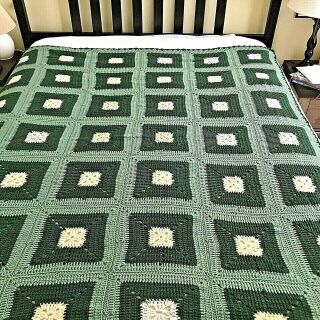 Vintage Handmade Crochet Granny Square Afghan Blanket Throw Greens White 60 X 60