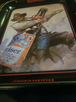 Vintage 1980s Budweiser King of Beers Cowboy Roping A Beer Bottle Metal Tray 3