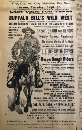 Newspaper,  “buffalo Bill’s Wild West”large Show Adv.  Tucson Arizona 1902 Cowboys