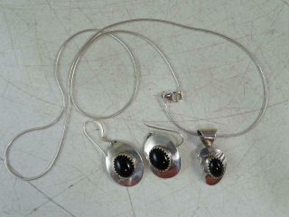 Vintage Native American Indian Sterling Silver Onyx Necklace Pierced Earring Set
