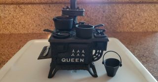 Vintage Miniature Queen Cast Iron Stove With Pots And Pans