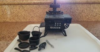 Vintage Miniature Queen Cast Iron Stove with Pots and Pans 2
