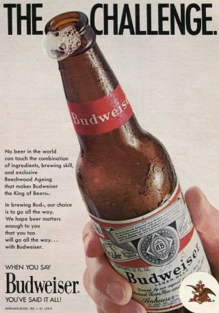 1971 Budweiser Bud Beer 12 Oz Longneck Bottle The Challenge Print Ad