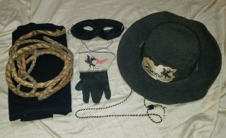 Vintage Zorro Hat & Leather Whip Walt Disney Costume W/ Glove Mask & Cape Set