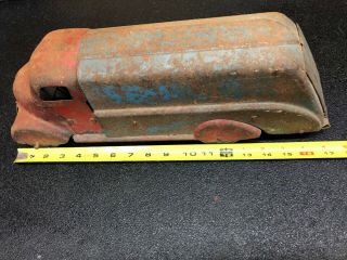 Old Vintage Large Stamped Metal Toy Tanker Delivery Truck With Wood Wheels Red