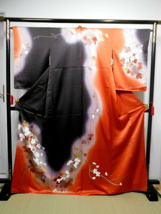 Japanese Kimono " Houmongi " Silk,  Gold Leaf,  Plants,  Orange & Dark Choco.  L66 ".  1193