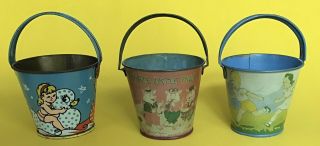 Vintage Tin Litho Toy Sand Pail.  Set Of 3.  Includes Mayfair Candy 3 Little Pigs
