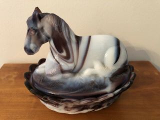 Vintage Slag Purple Glass Horse On Nest Covered Dish Cond