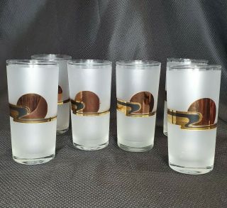 6 Vtg Mcm Signed Culver Black And Gold High Ball Glasses Setting Sun Rising Moon
